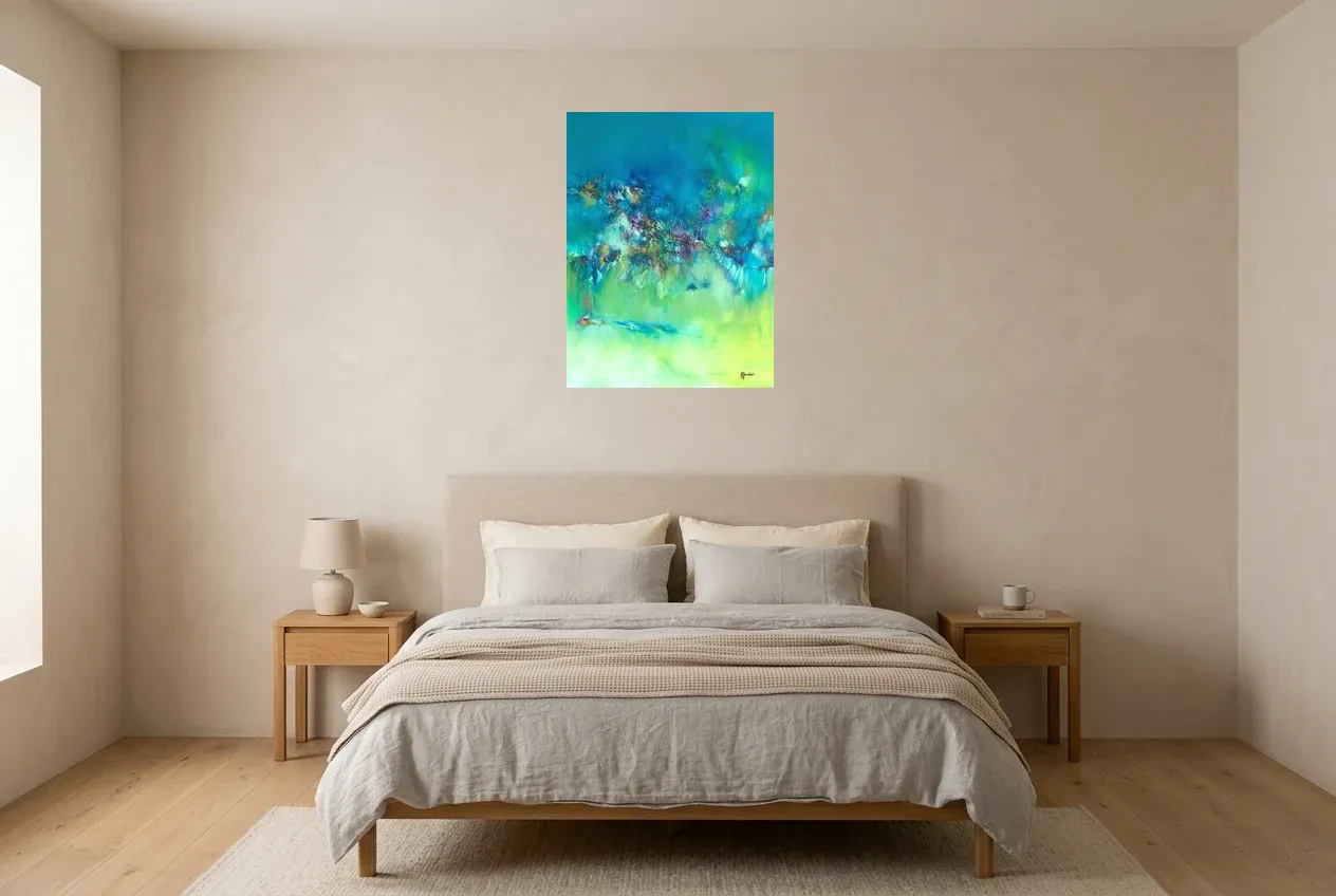 Tableau Abstrait Vert 122 “Distorsion”, peinture originale à l'huile par Régine Gardan, 55 × 73 cm, tableau vert accroché dans une chambre