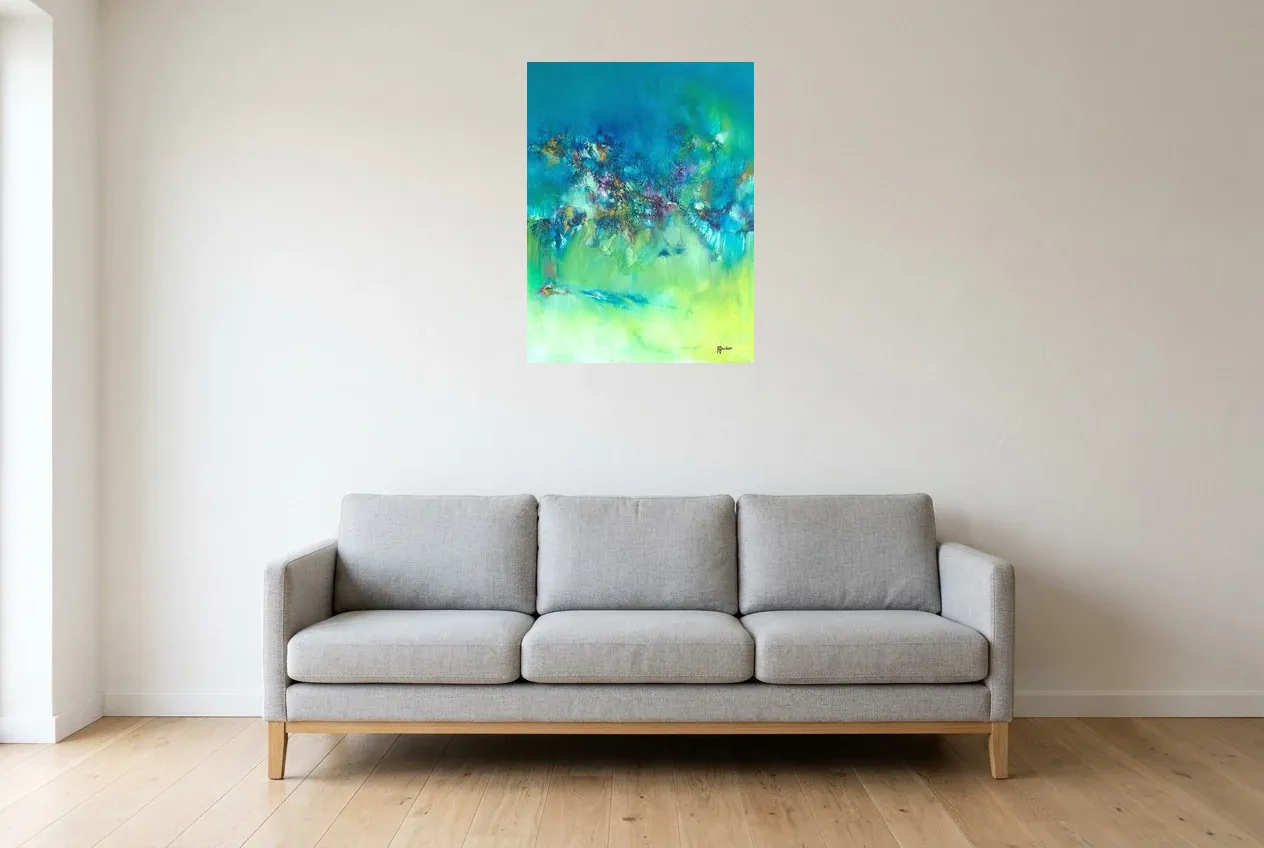 Tableau Abstrait Vert 122 “Distorsion”, peinture originale à l'huile par Régine Gardan, 55 × 73 cm, tableau vert accroché dans un salon