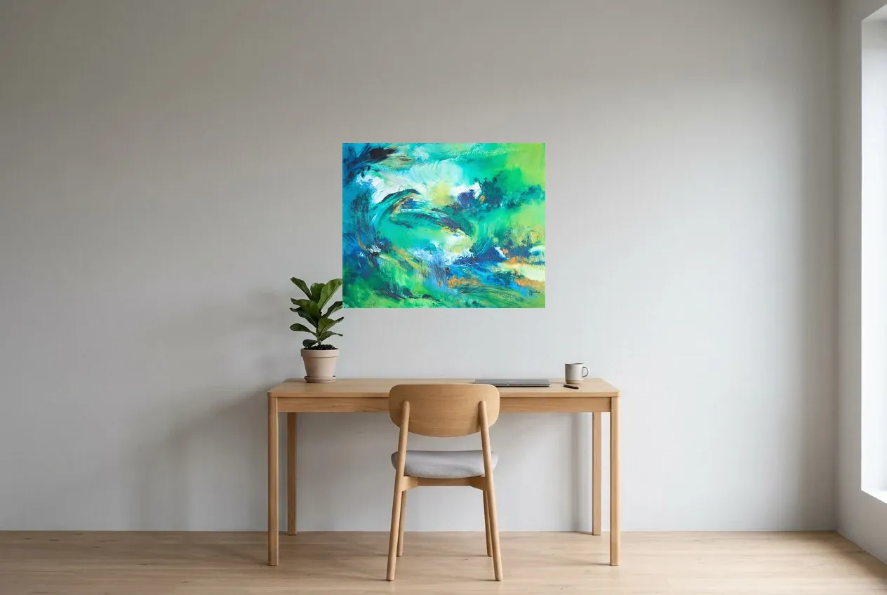 Tableau Abstrait Vert 123 “Nature”, peinture originale à l'huile par Régine Gardan, 80 × 65 cm, tableau vert accroché dans un bureau