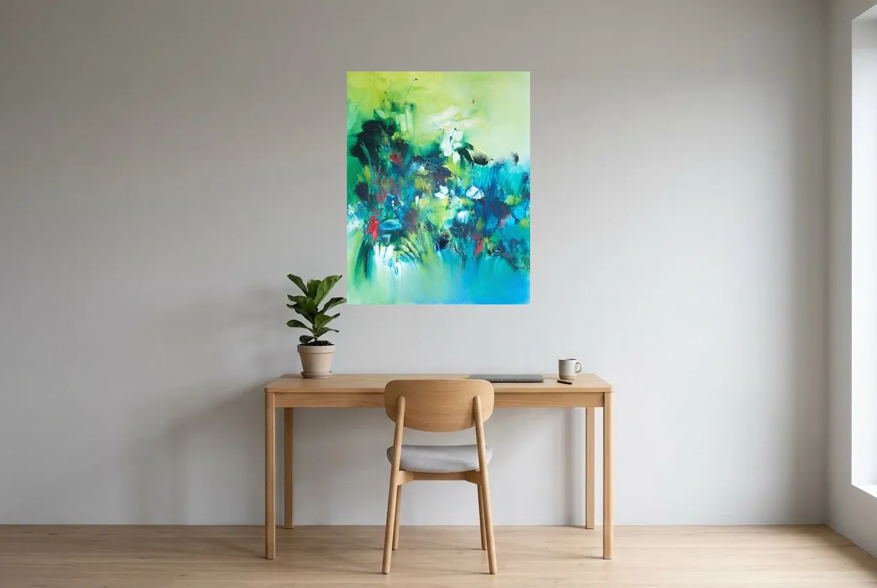 Tableau Abstrait Vert 124 “Fraicheur”, peinture originale à l'huile par Régine Gardan, 73 × 93 cm, tableau vert accroché dans un bureau
