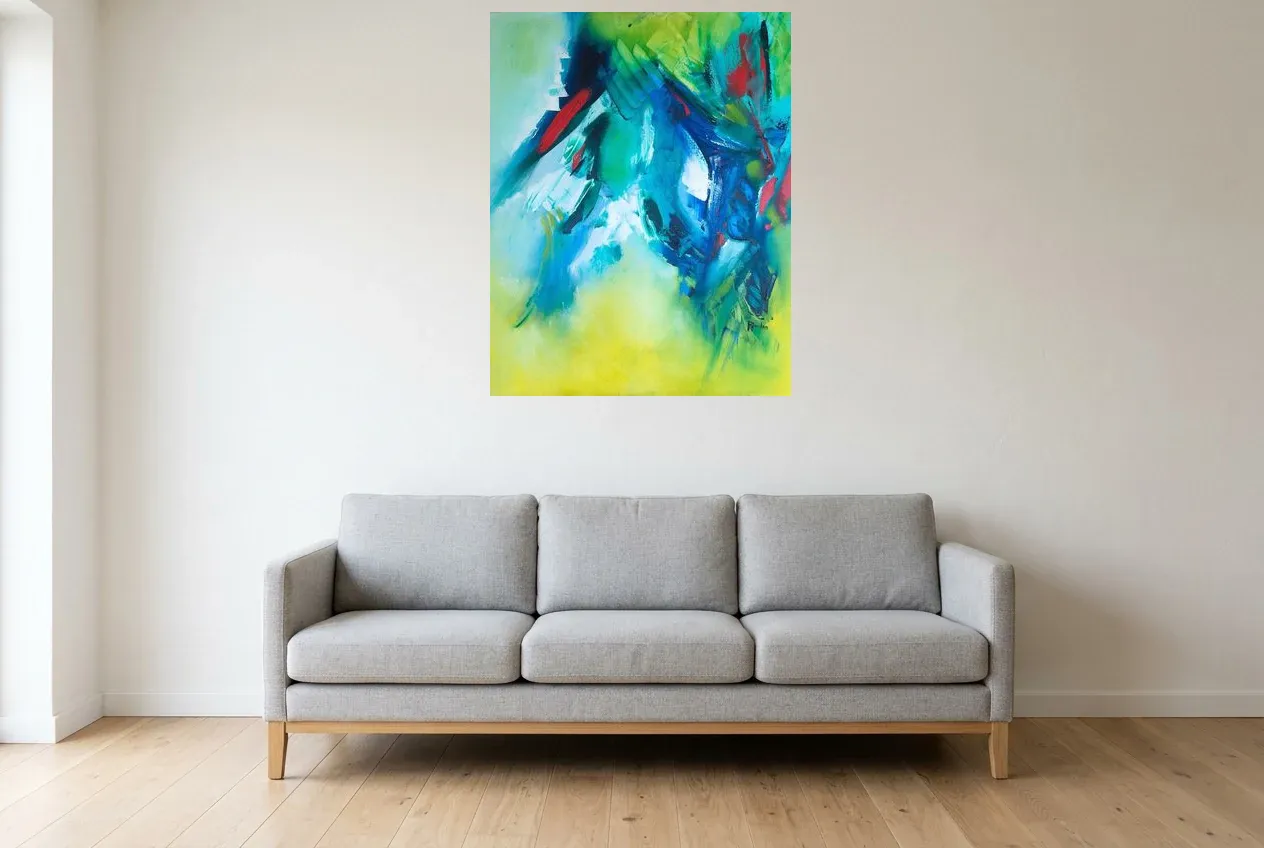 Tableau Abstrait Vert 134 “Électricité Végétal”, peinture originale à l'huile par Régine Gardan, 73 × 93 cm, tableau vert accroché dans un salon