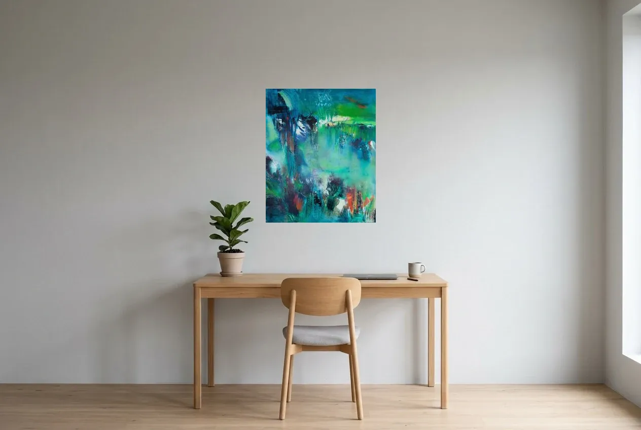 Tableau Abstrait Vert 136 “Lac De Jungle”, peinture originale à l'huile par Régine Gardan, 60 × 73 cm, tableau vert accroché dans un bureau