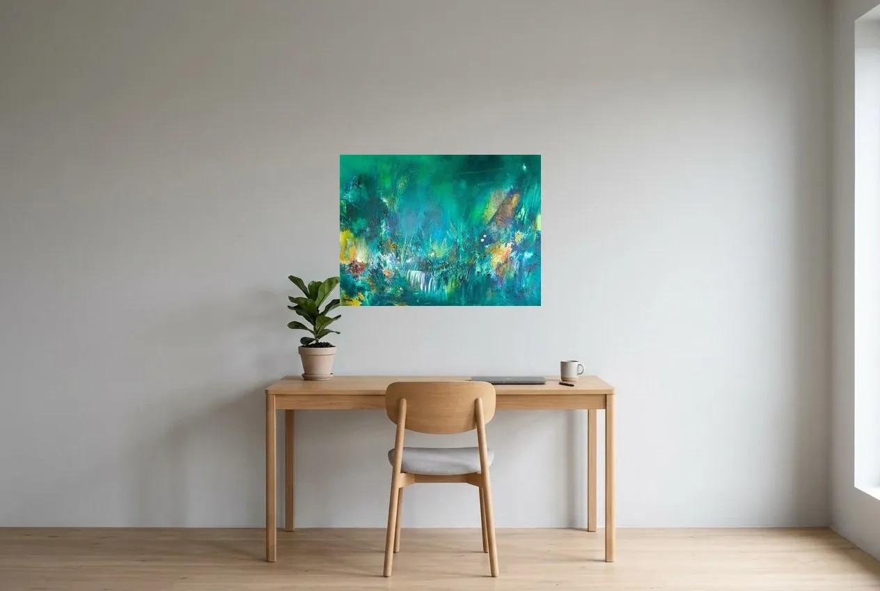 Tableau Abstrait Vert 145 “Fleur de Lumière”, peinture originale à l'huile par Régine Gardan, 80 × 60 cm, tableau vert accroché dans un bureau