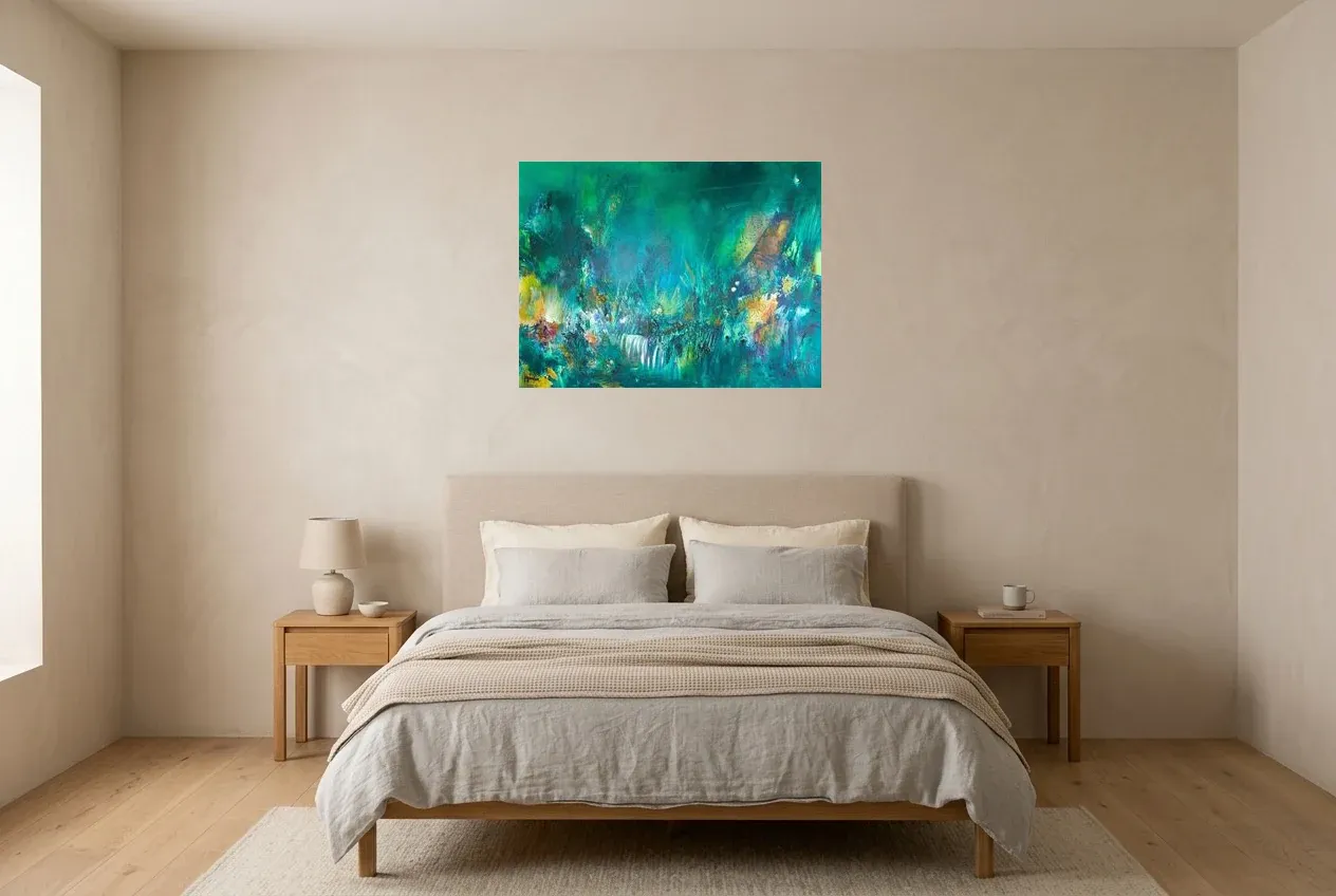Tableau Abstrait Vert 145 “Fleur de Lumière”, peinture originale à l'huile par Régine Gardan, 80 × 60 cm, tableau vert accroché dans une chambre