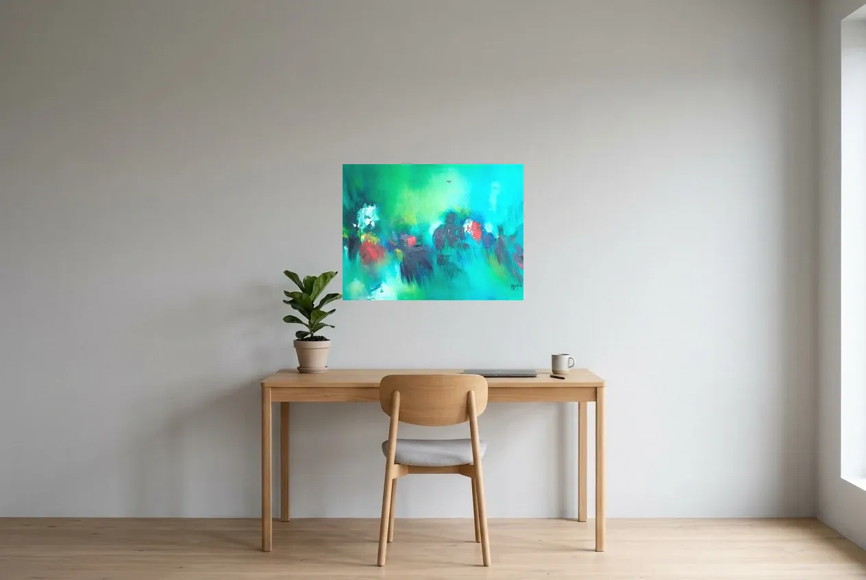 Tableau Abstrait Vert 158 “Poésie Naturelle”, peinture originale à l'huile par Régine Gardan, 73 × 55 cm, tableau vert accroché dans un bureau
