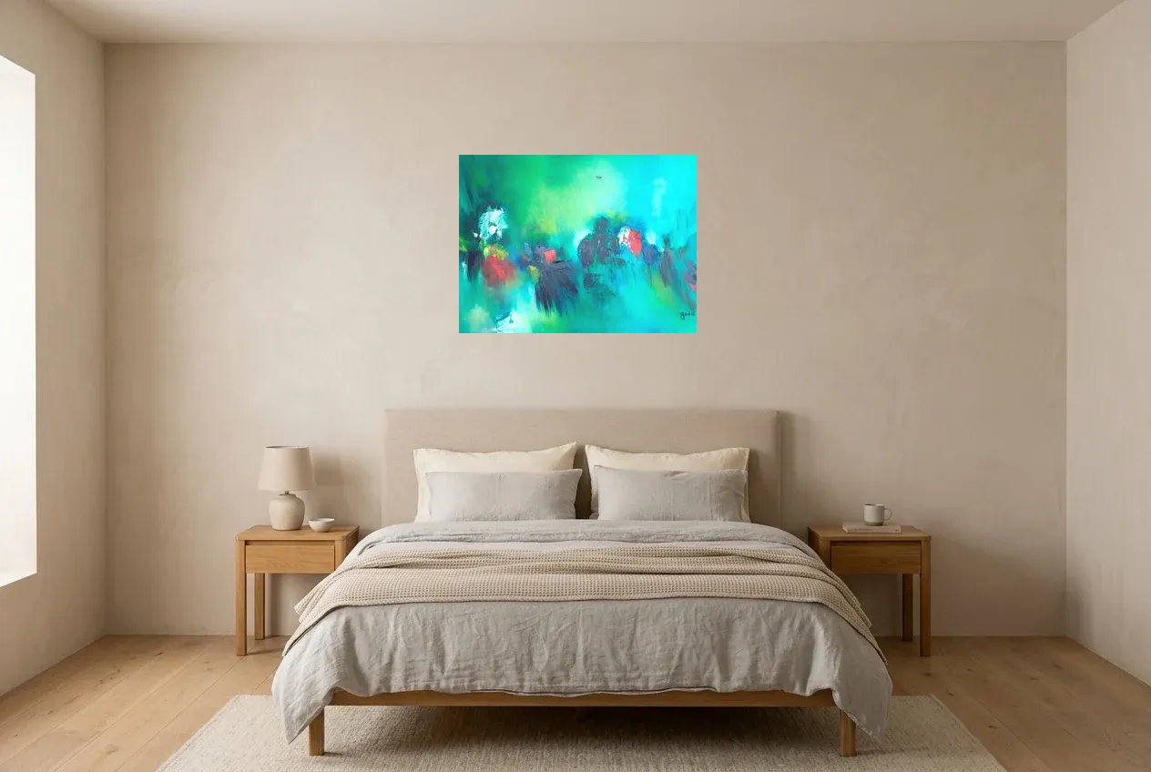 Tableau Abstrait Vert 158 “Poésie Naturelle”, peinture originale à l'huile par Régine Gardan, 73 × 55 cm, tableau vert accroché dans une chambre