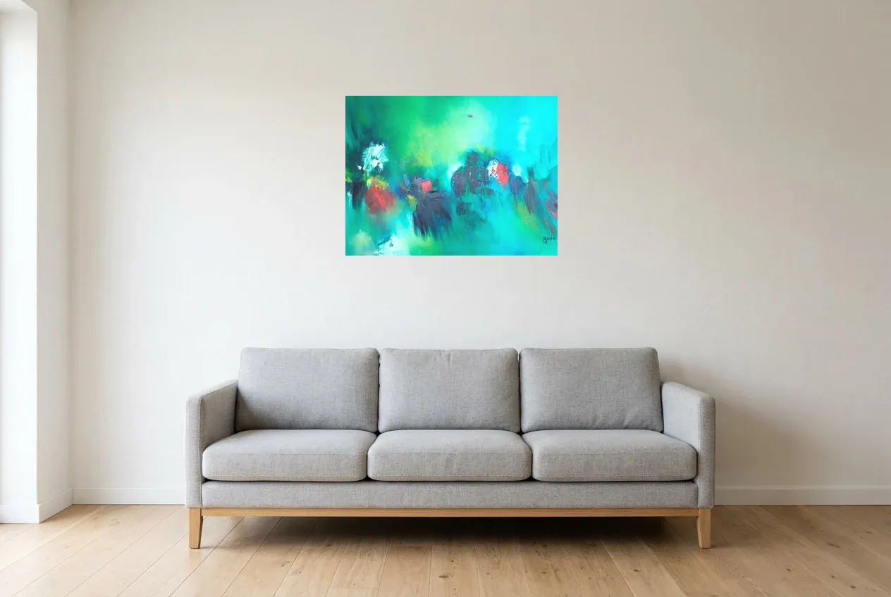 Tableau Abstrait Vert 158 “Poésie Naturelle”, peinture originale à l'huile par Régine Gardan, 73 × 55 cm, tableau vert accroché dans un salon
