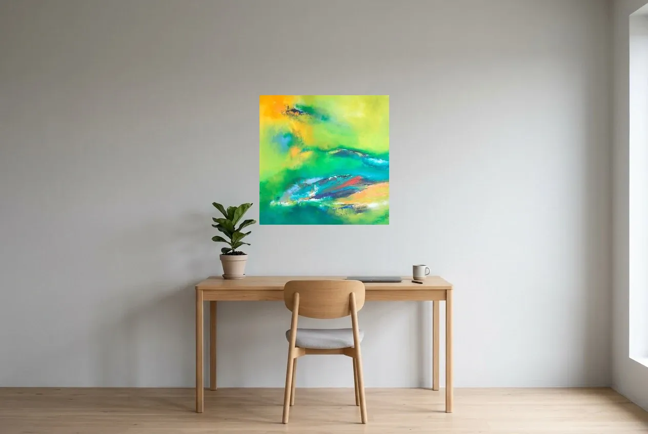 Tableau Abstrait Vert 164 “Amazonie”, peinture originale à l'huile par Régine Gardan, 70 × 70 cm, tableau vert accroché dans un bureau