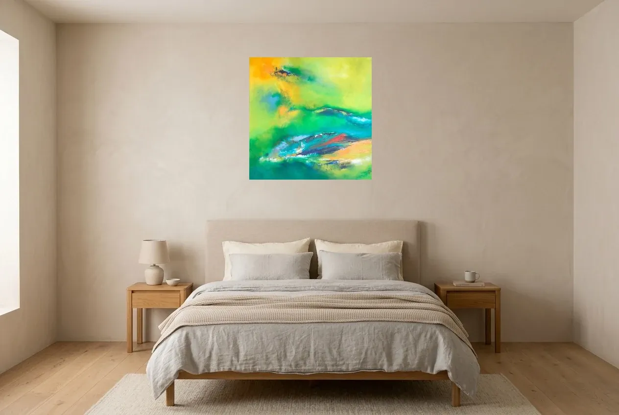 Tableau Abstrait Vert 164 “Amazonie”, peinture originale à l'huile par Régine Gardan, 70 × 70 cm, tableau vert accroché dans une chambre