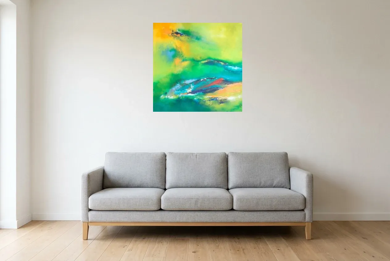Tableau Abstrait Vert 164 “Amazonie”, peinture originale à l'huile par Régine Gardan, 70 × 70 cm, tableau vert accroché dans un salon