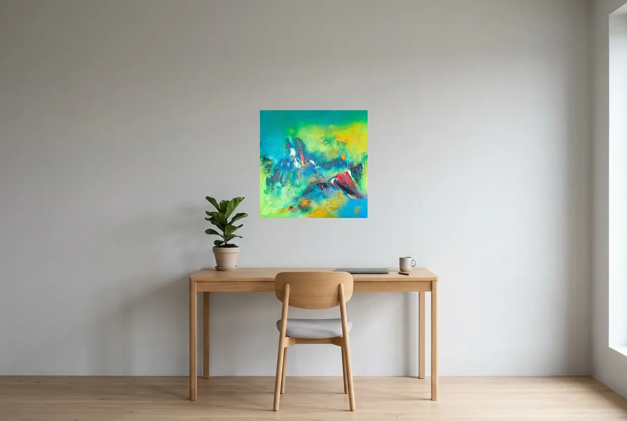 Tableau Abstrait Vert 187 “Temple Naturel”, peinture originale à l'huile par Régine Gardan, 60 × 60 cm, tableau vert accroché dans un bureau