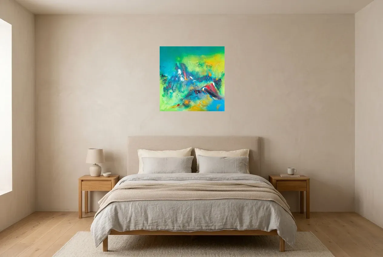 Tableau Abstrait Vert 187 “Temple Naturel”, peinture originale à l'huile par Régine Gardan, 60 × 60 cm, tableau vert accroché dans une chambre