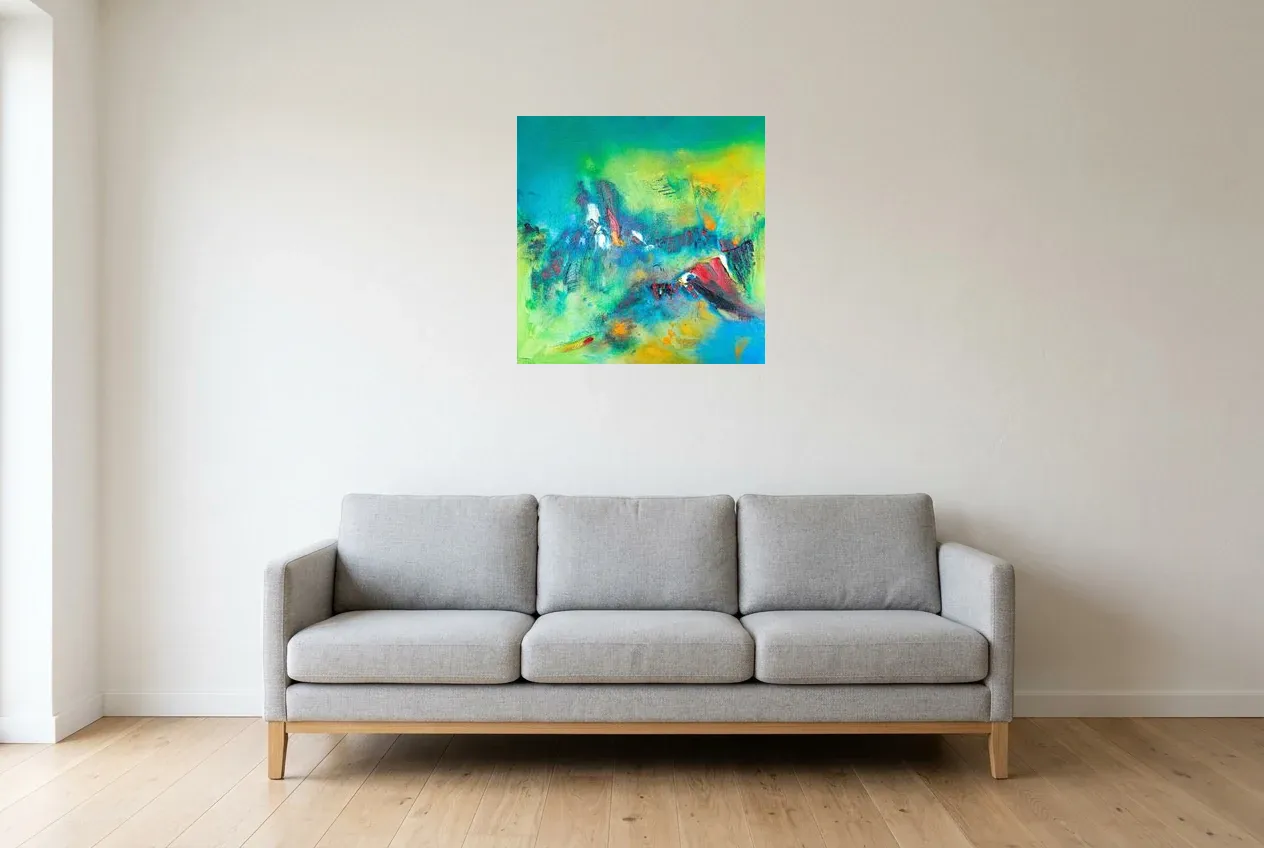 Tableau Abstrait Vert 187 “Temple Naturel”, peinture originale à l'huile par Régine Gardan, 60 × 60 cm, tableau vert accroché dans un salon