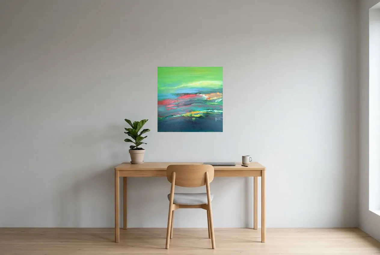 Tableau Abstrait Vert 191 “Galice”, peinture originale à l'huile par Régine Gardan, 60 × 60 cm, tableau vert accroché dans un bureau