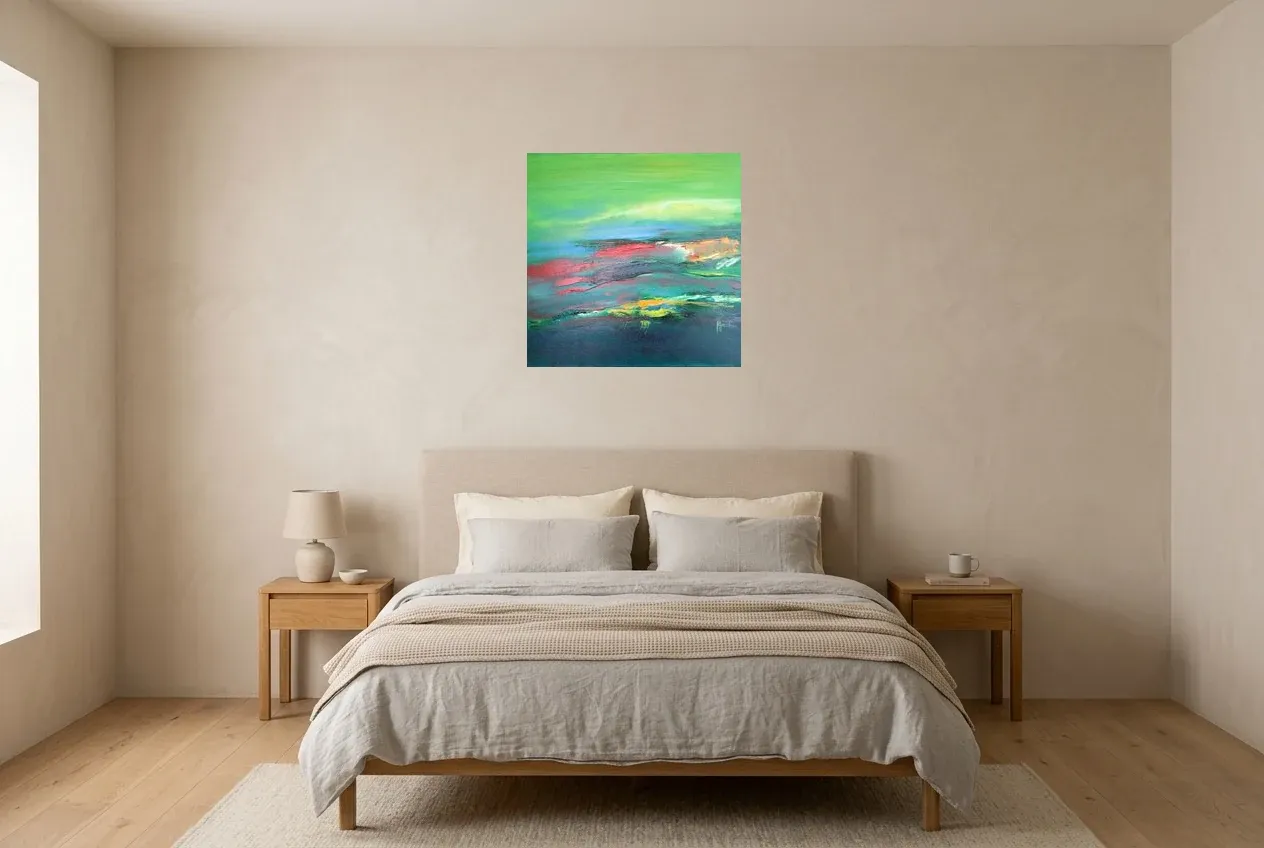 Tableau Abstrait Vert 191 “Galice”, peinture originale à l'huile par Régine Gardan, 60 × 60 cm, tableau vert accroché dans une chambre