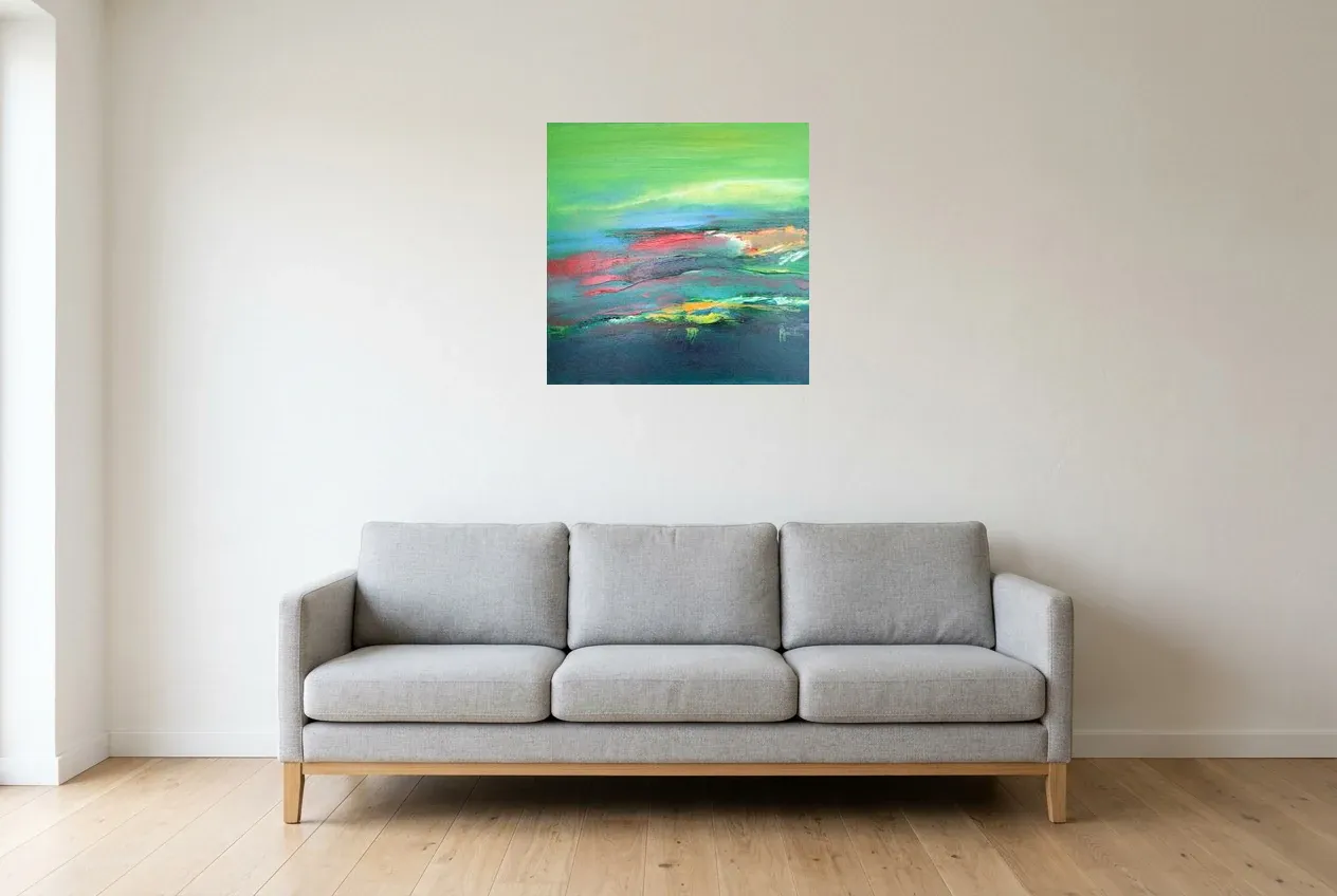 Tableau Abstrait Vert 191 “Galice”, peinture originale à l'huile par Régine Gardan, 60 × 60 cm, tableau vert accroché dans un salon