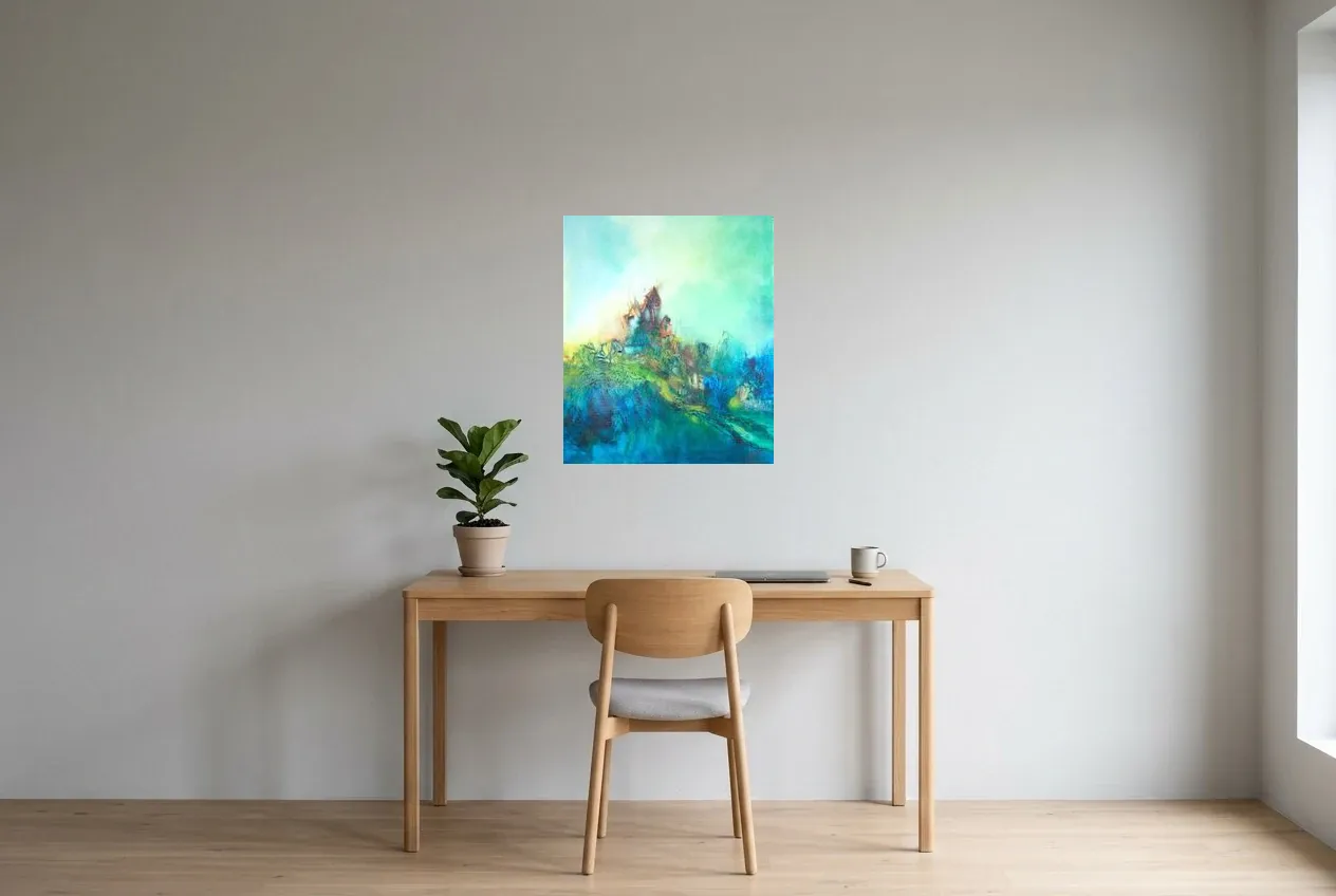 Tableau Abstrait Vert 192 “Apesanteur”, peinture originale à l'huile par Régine Gardan, 55 × 65 cm, tableau vert accroché dans un bureau