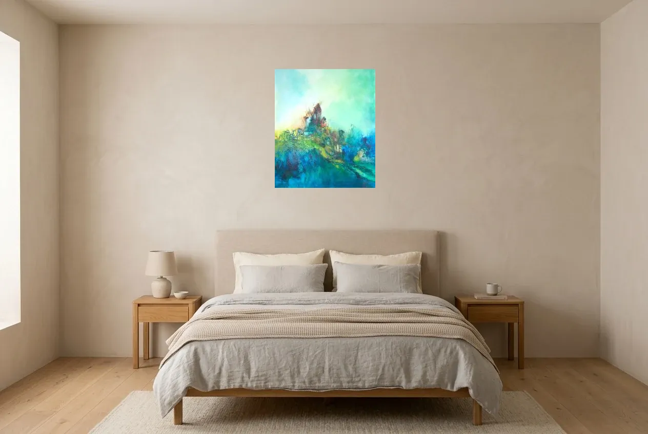 Tableau Abstrait Vert 192 “Apesanteur”, peinture originale à l'huile par Régine Gardan, 55 × 65 cm, tableau vert accroché dans une chambre
