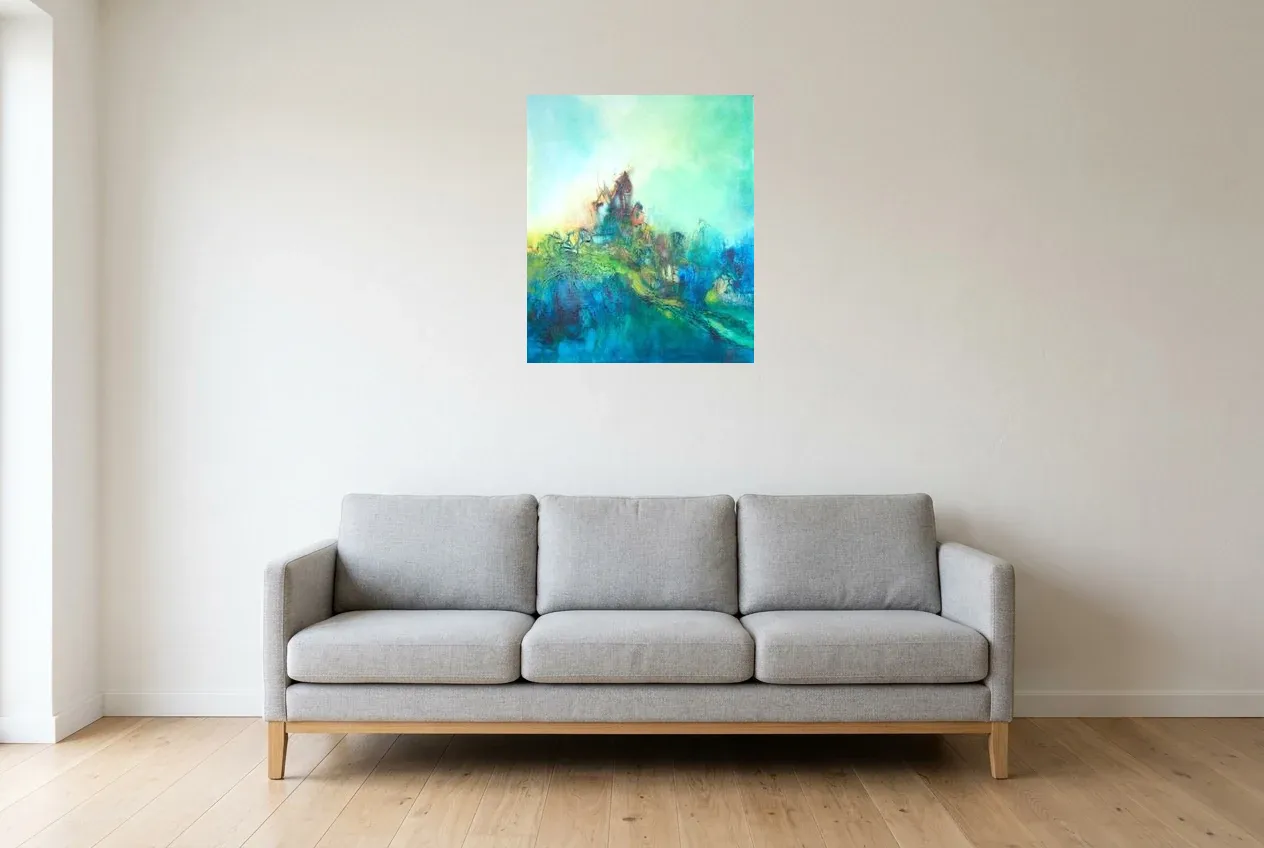 Tableau Abstrait Vert 192 “Apesanteur”, peinture originale à l'huile par Régine Gardan, 55 × 65 cm, tableau vert accroché dans un salon