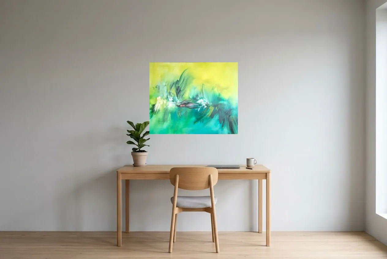Tableau Abstrait Vert 193 “Chevaux”, peinture originale à l'huile par Régine Gardan, 80 × 65 cm, tableau vert accroché dans un bureau