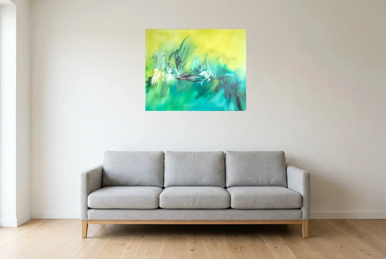 Tableau Abstrait Vert 193 “Chevaux”, peinture originale à l'huile par Régine Gardan, 80 × 65 cm, tableau vert accroché dans un salon