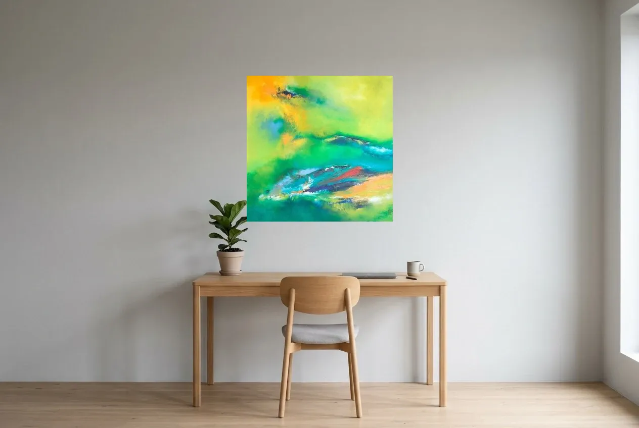 Tableau Abstrait Vert 203 “Amazonie”, peinture originale à l'huile par Régine Gardan, 80 × 80 cm, tableau vert accroché dans un bureau