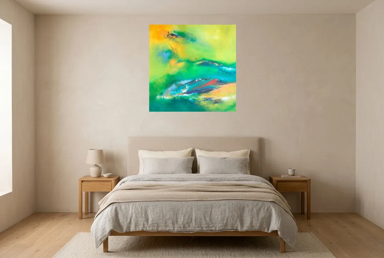 Tableau Abstrait Vert 203 “Amazonie”, peinture originale à l'huile par Régine Gardan, 80 × 80 cm, tableau vert accroché dans une chambre