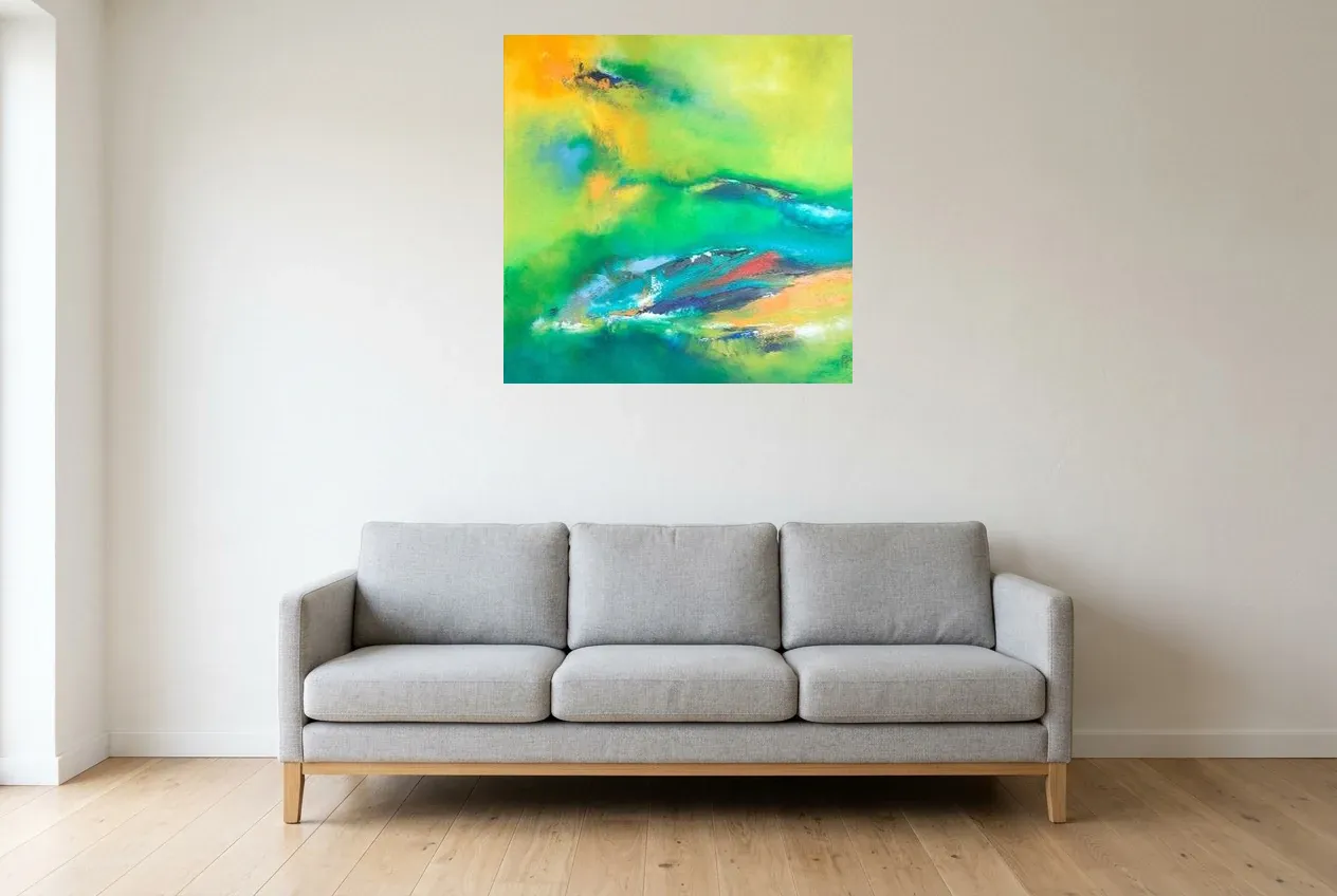 Tableau Abstrait Vert 203 “Amazonie”, peinture originale à l'huile par Régine Gardan, 80 × 80 cm, tableau vert accroché dans un salon