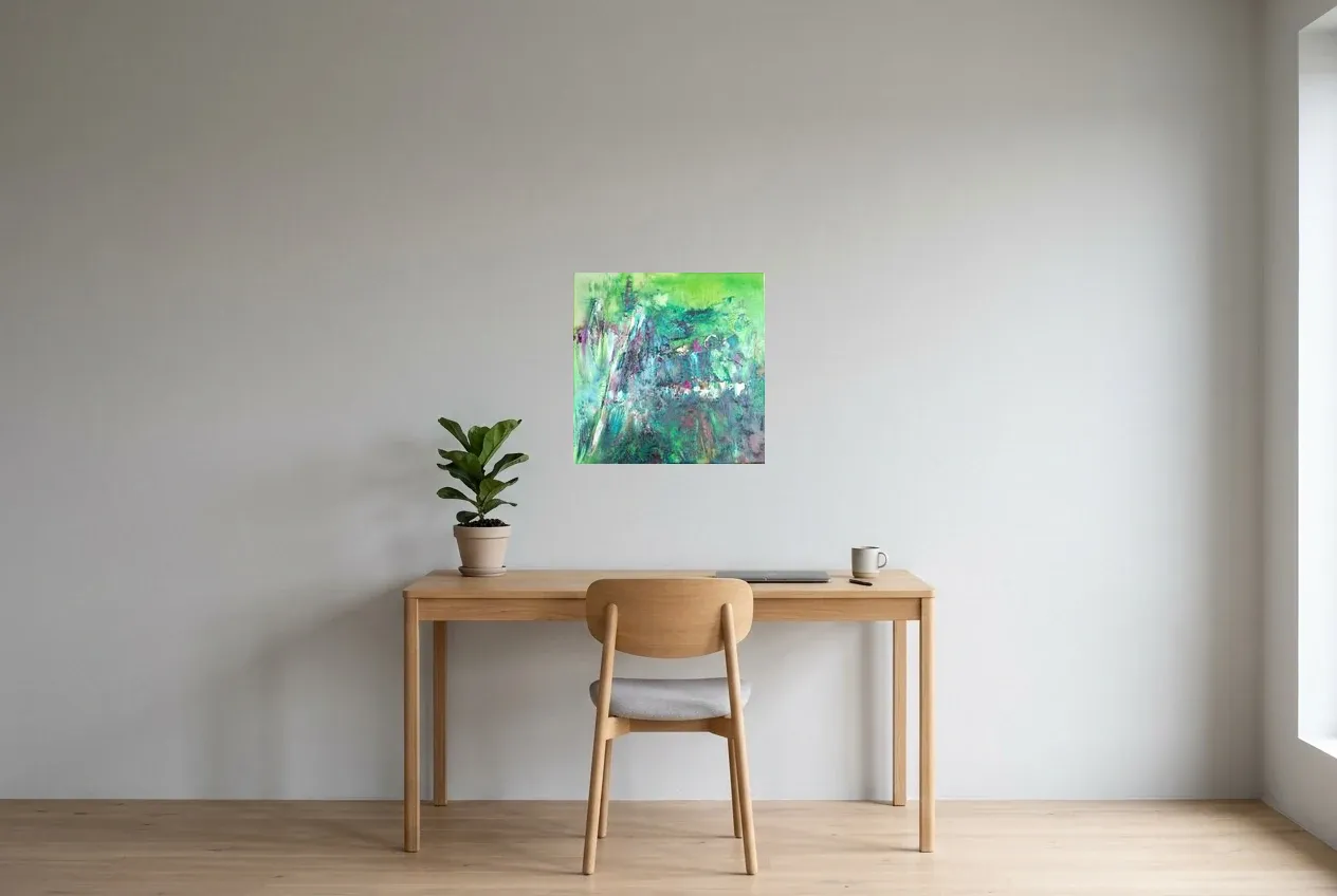 Tableau Abstrait Vert 207 “Marécage”, peinture originale à l'huile par Régine Gardan, 50 × 50 cm, tableau vert accroché dans un bureau