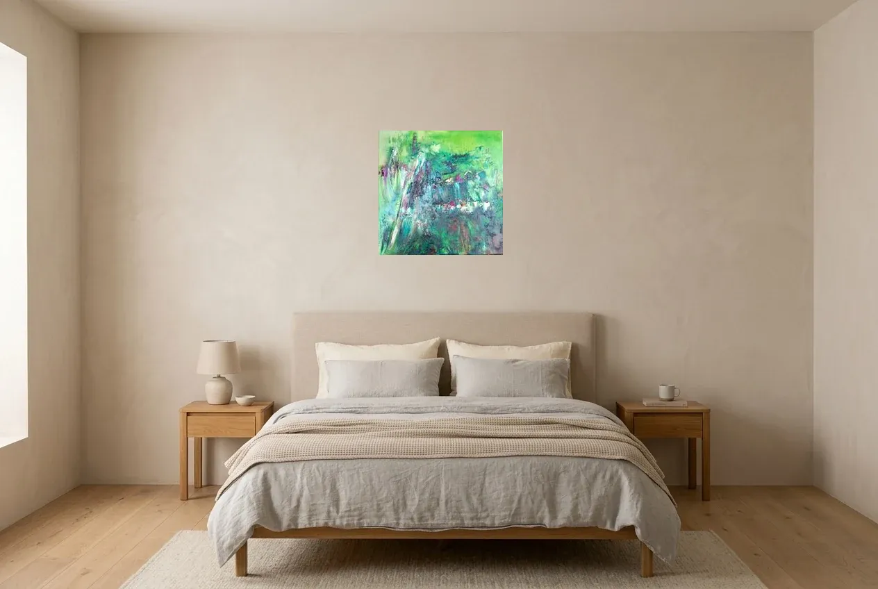 Tableau Abstrait Vert 207 “Marécage”, peinture originale à l'huile par Régine Gardan, 50 × 50 cm, tableau vert accroché dans une chambre