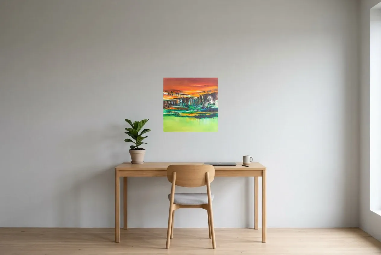 Tableau Abstrait Vert 211 “Horizon”, peinture originale à l'huile par Régine Gardan, 50 × 50 cm, tableau vert accroché dans un bureau