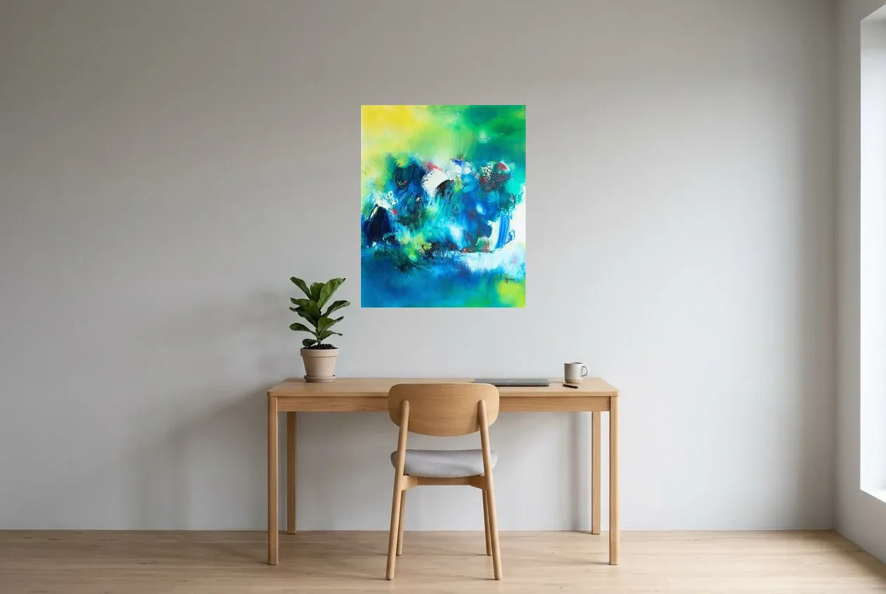 Tableau Abstrait Vert 236 “Printemps”, peinture originale à l'huile par Régine Gardan, 65 × 80 cm, tableau vert accroché dans un bureau