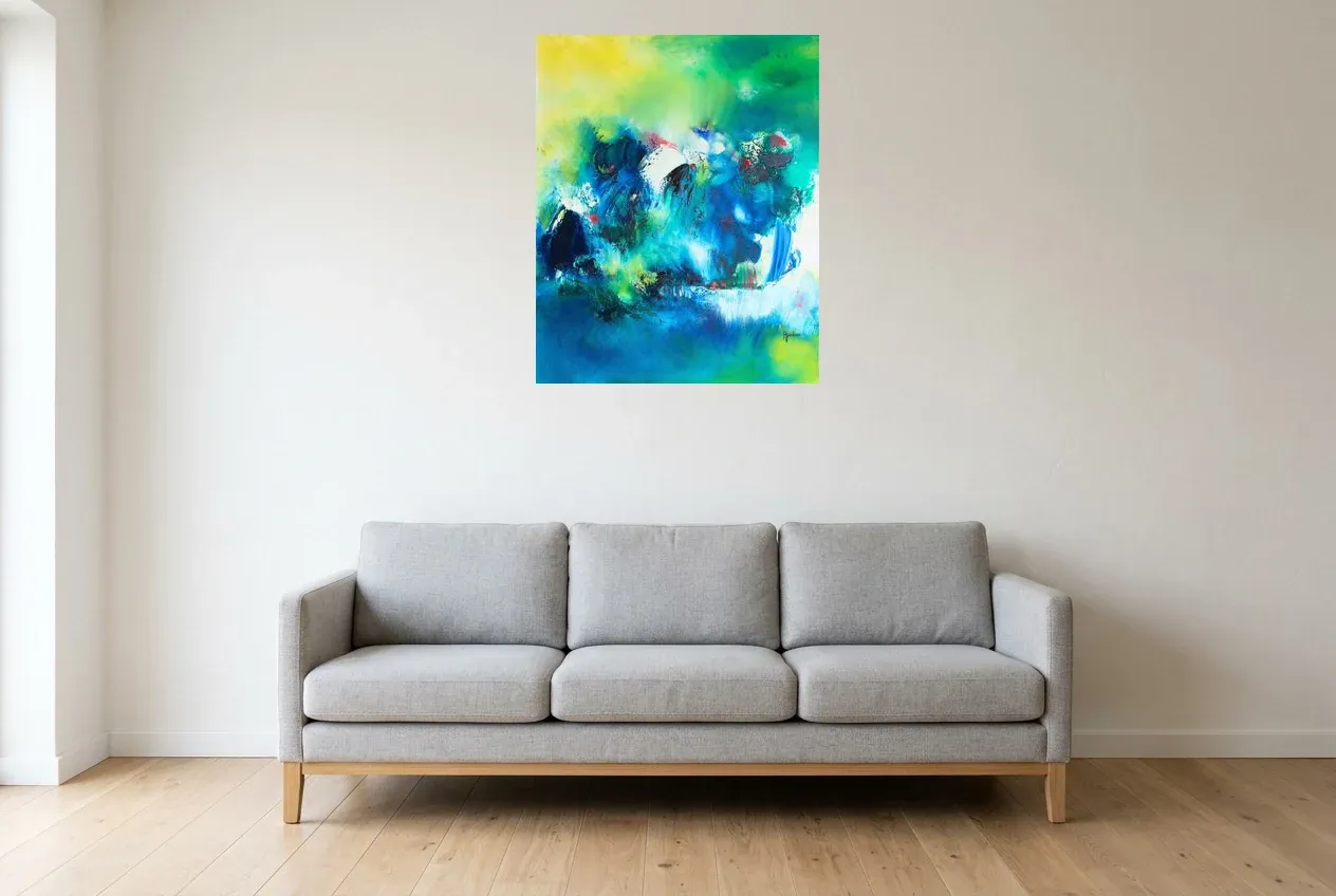 Tableau Abstrait Vert 236 “Printemps”, peinture originale à l'huile par Régine Gardan, 65 × 80 cm, tableau vert accroché dans un salon
