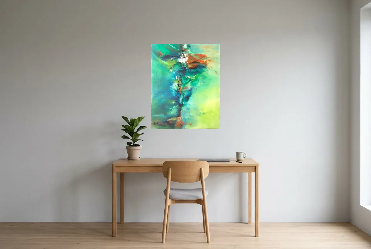 Tableau Abstrait Vert 30 “Tornade”, peinture originale à l'huile par Régine Gardan, 65 × 80 cm, tableau vert accroché dans un bureau