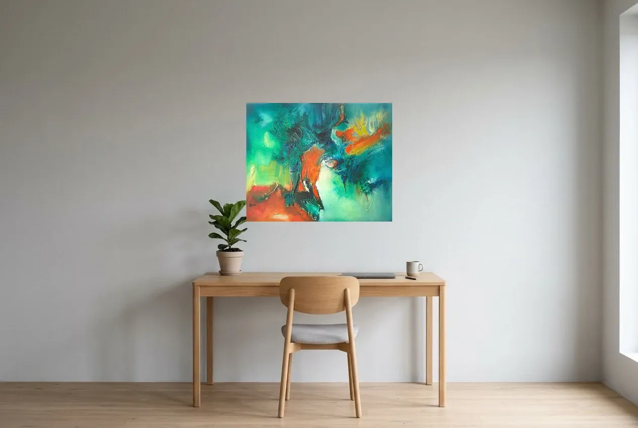 Tableau Abstrait Vert 31 “Destinée”, peinture originale à l'huile par Régine Gardan, 80 × 65 cm, tableau vert accroché dans un bureau