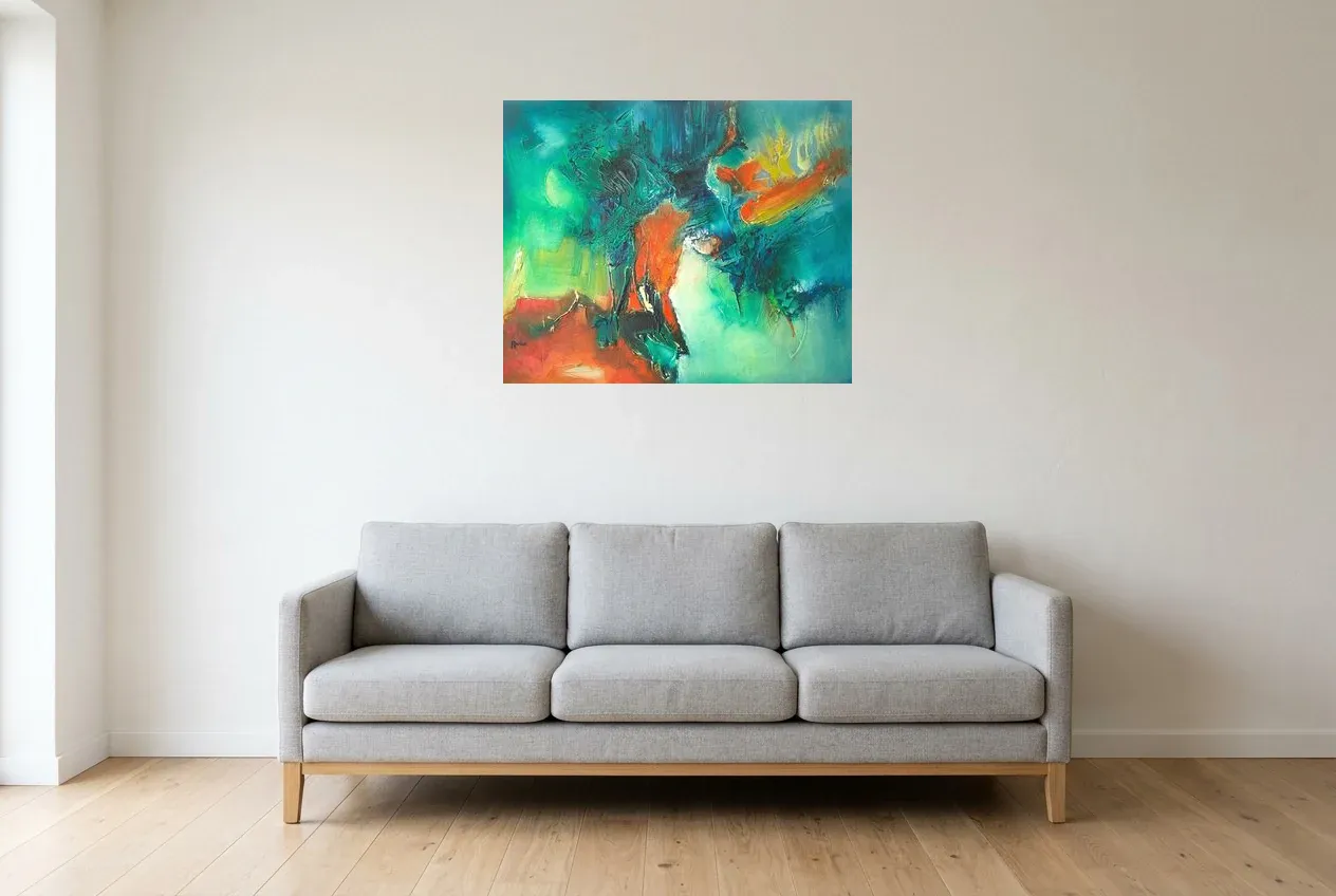 Tableau Abstrait Vert 31 “Destinée”, peinture originale à l'huile par Régine Gardan, 80 × 65 cm, tableau vert accroché dans un salon