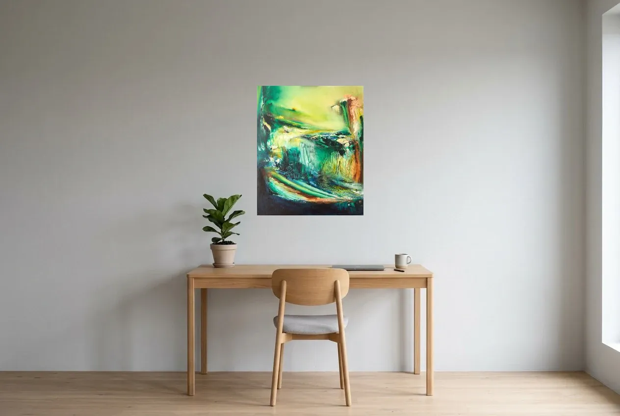 Tableau Abstrait Vert 45 “Jungle”, peinture originale à l'huile par Régine Gardan, 60 × 73 cm, tableau vert accroché dans un bureau