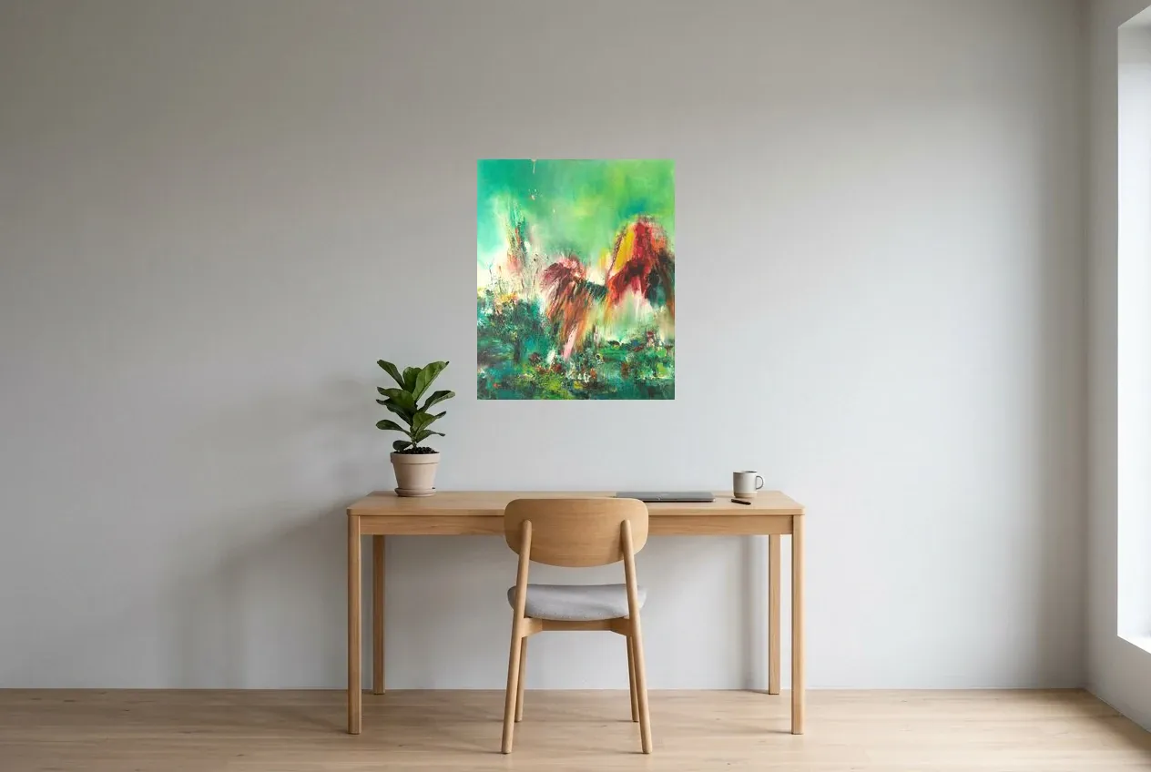 Tableau Abstrait Vert 51 “Rayon d’Espoir”, peinture originale à l'huile par Régine Gardan, 60 × 73 cm, tableau vert accroché dans un bureau