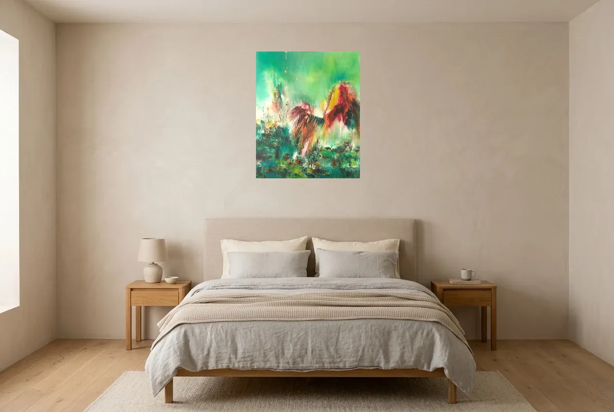 Tableau Abstrait Vert 51 “Rayon d’Espoir”, peinture originale à l'huile par Régine Gardan, 60 × 73 cm, tableau vert accroché dans une chambre