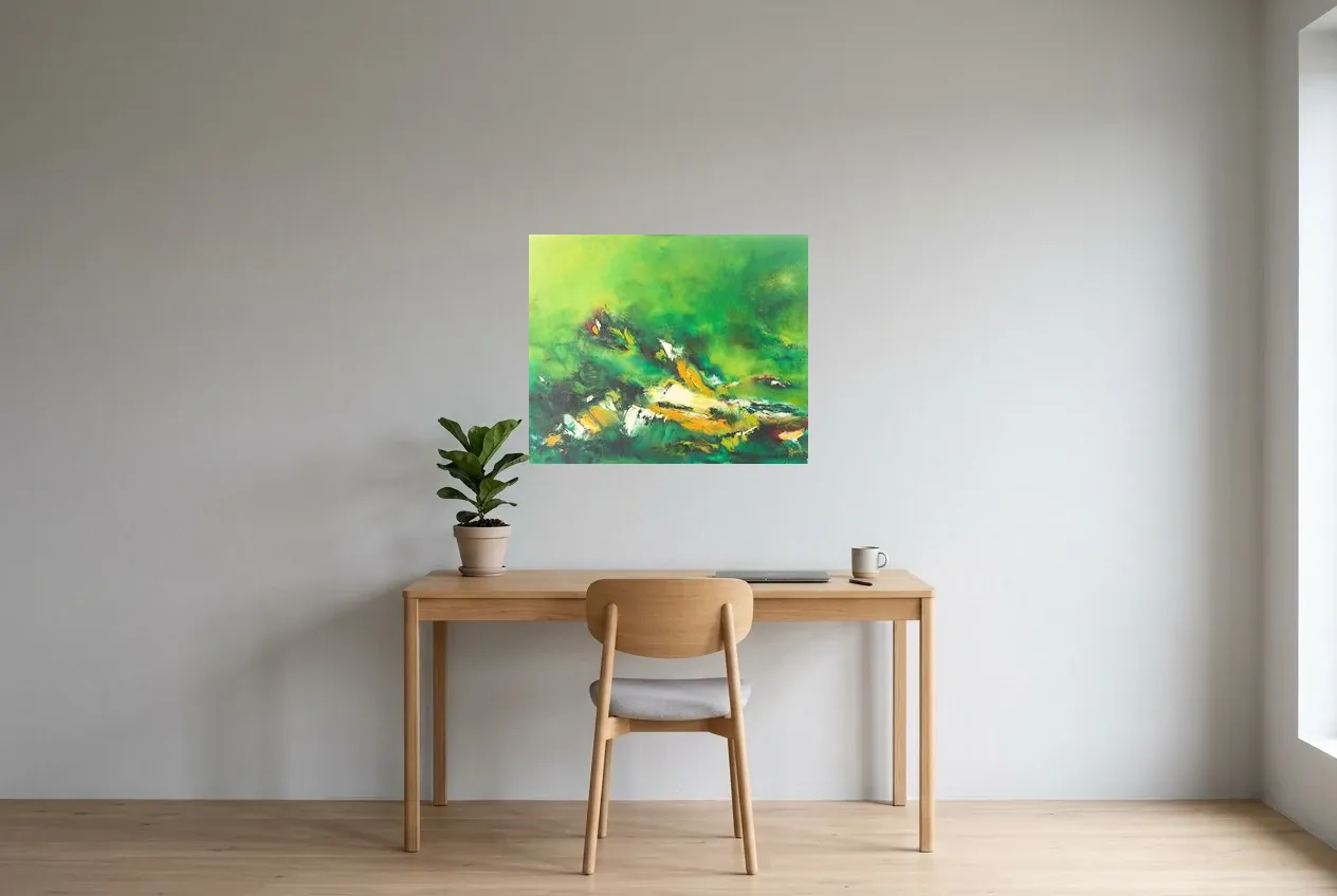 Tableau Abstrait Vert 64 “Plénitude”, peinture originale à l'huile par Régine Gardan, 73 × 60 cm, tableau vert accroché dans un bureau
