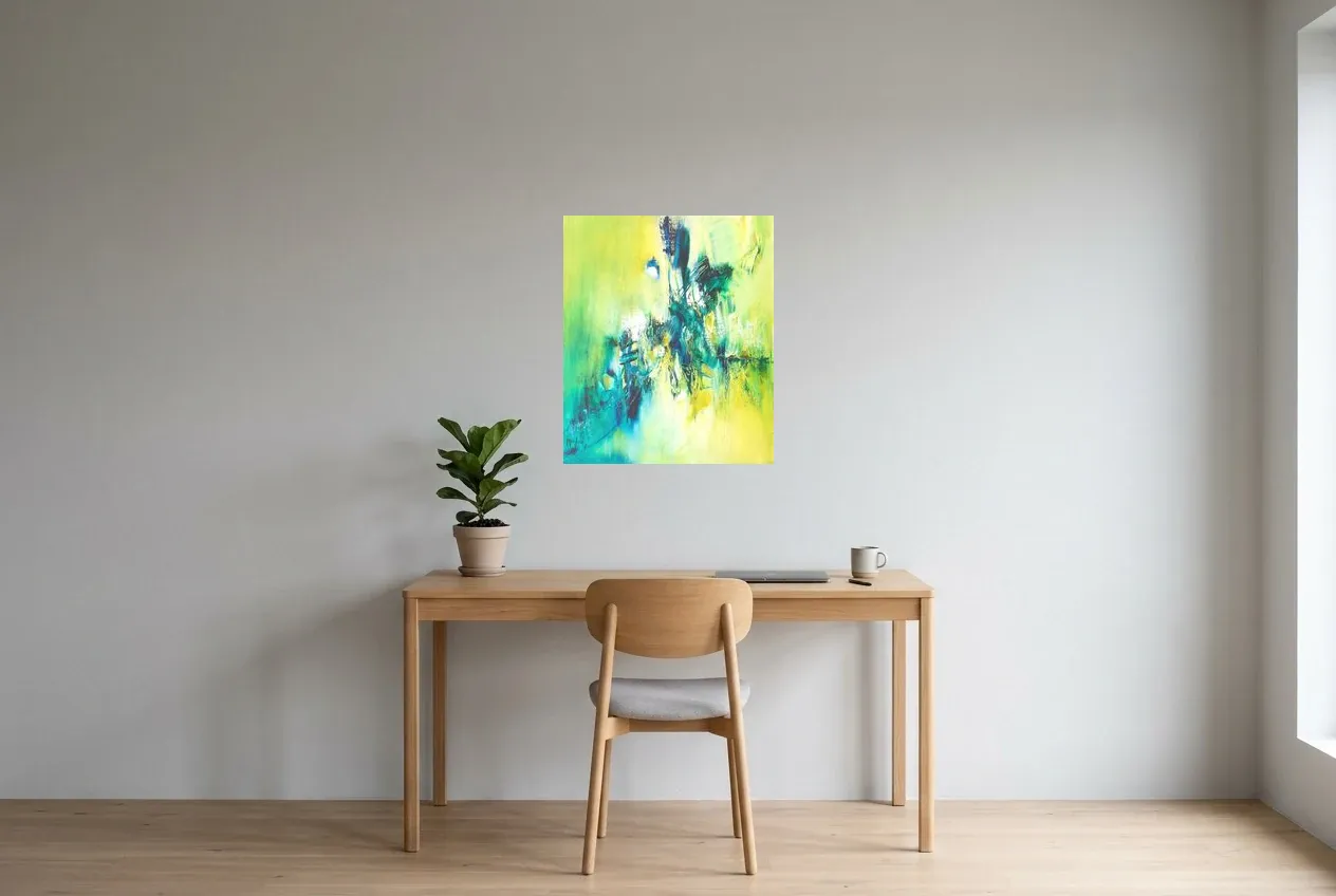 Tableau Abstrait Vert 68 “Évasion”, peinture originale à l'huile par Régine Gardan, 55 × 65 cm, tableau vert accroché dans un bureau