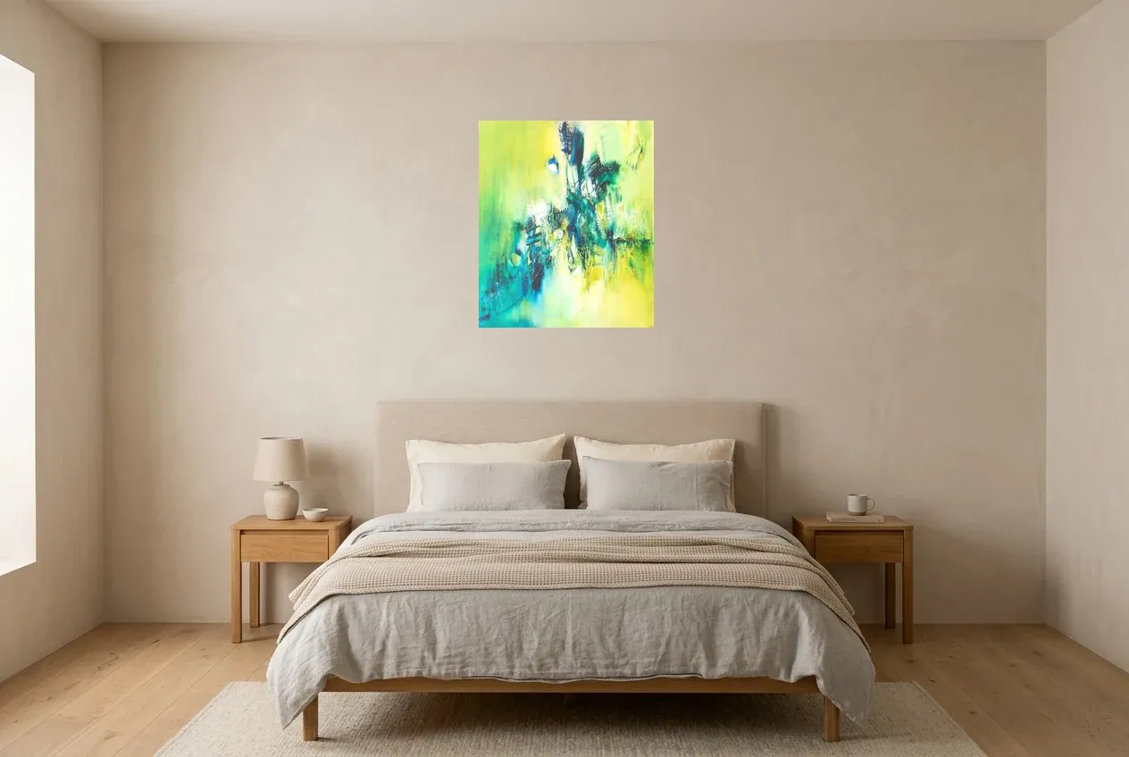 Tableau Abstrait Vert 68 “Évasion”, peinture originale à l'huile par Régine Gardan, 55 × 65 cm, tableau vert accroché dans une chambre