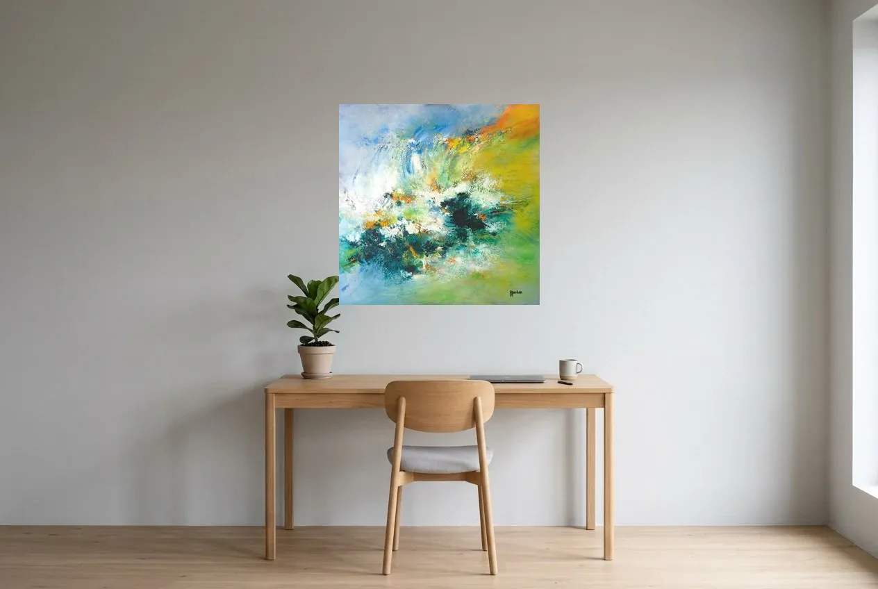 Tableau Abstrait Vert 7 “Éclaboussure Végétal”, peinture originale à l'huile par Régine Gardan, 80 × 80 cm, tableau vert accroché dans un bureau