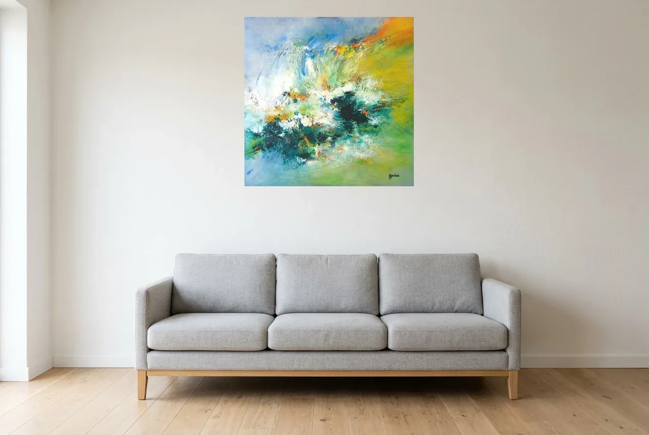 Tableau Abstrait Vert 7 “Éclaboussure Végétal”, peinture originale à l'huile par Régine Gardan, 80 × 80 cm, tableau vert accroché dans un salon