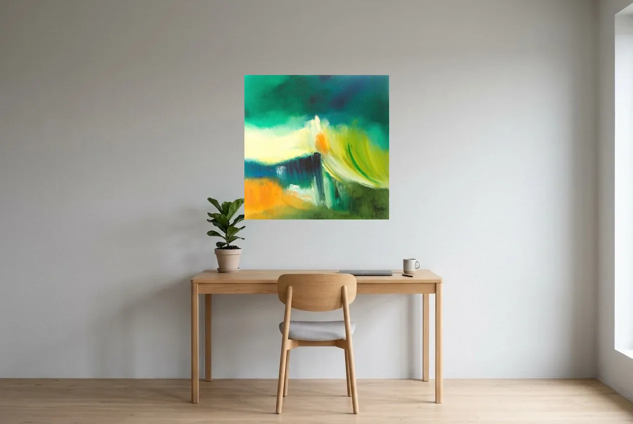 Tableau Abstrait Vert 73 “Envol”, peinture originale à l'huile par Régine Gardan, 80 × 80 cm, tableau vert accroché dans un bureau