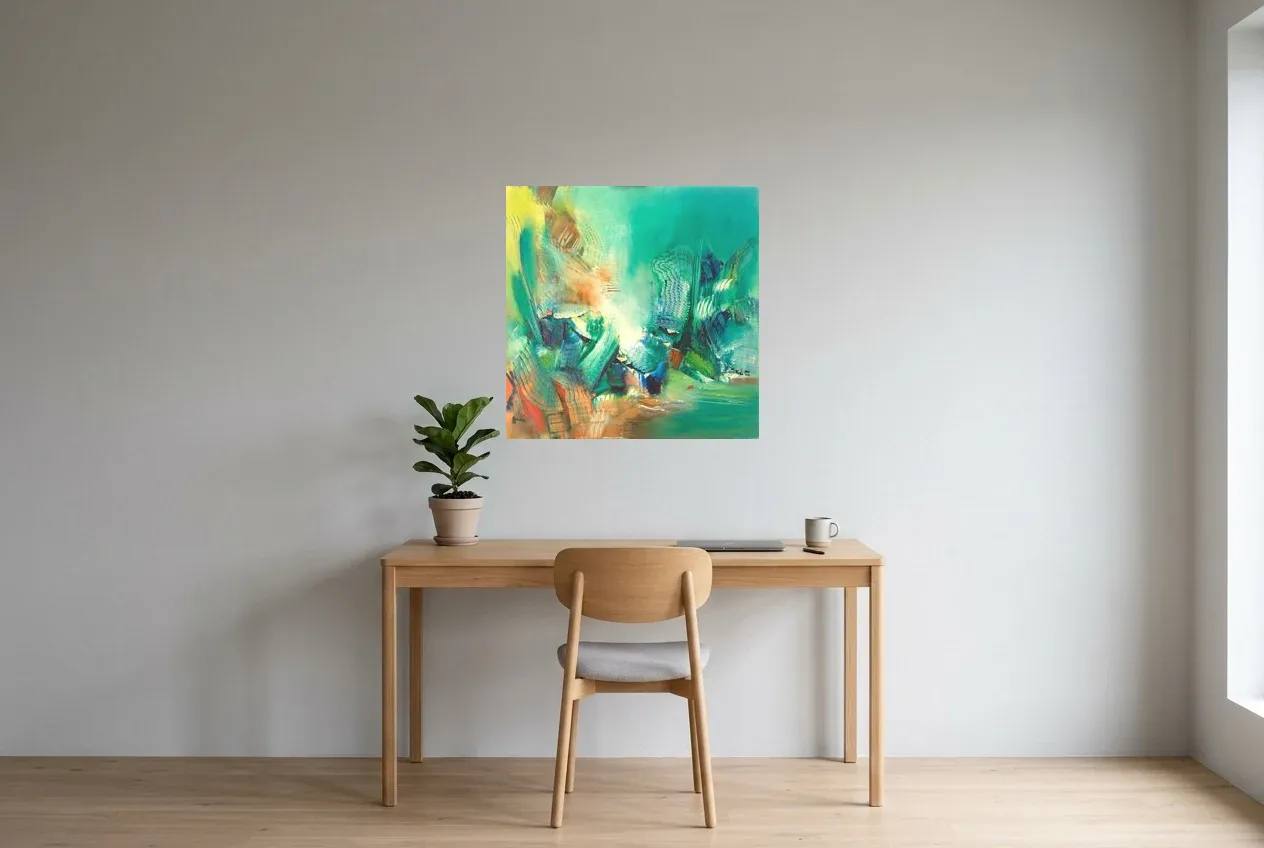 Tableau Abstrait Vert 79 “Vibration”, peinture originale à l'huile par Régine Gardan, 70 × 70 cm, tableau vert accroché dans un bureau