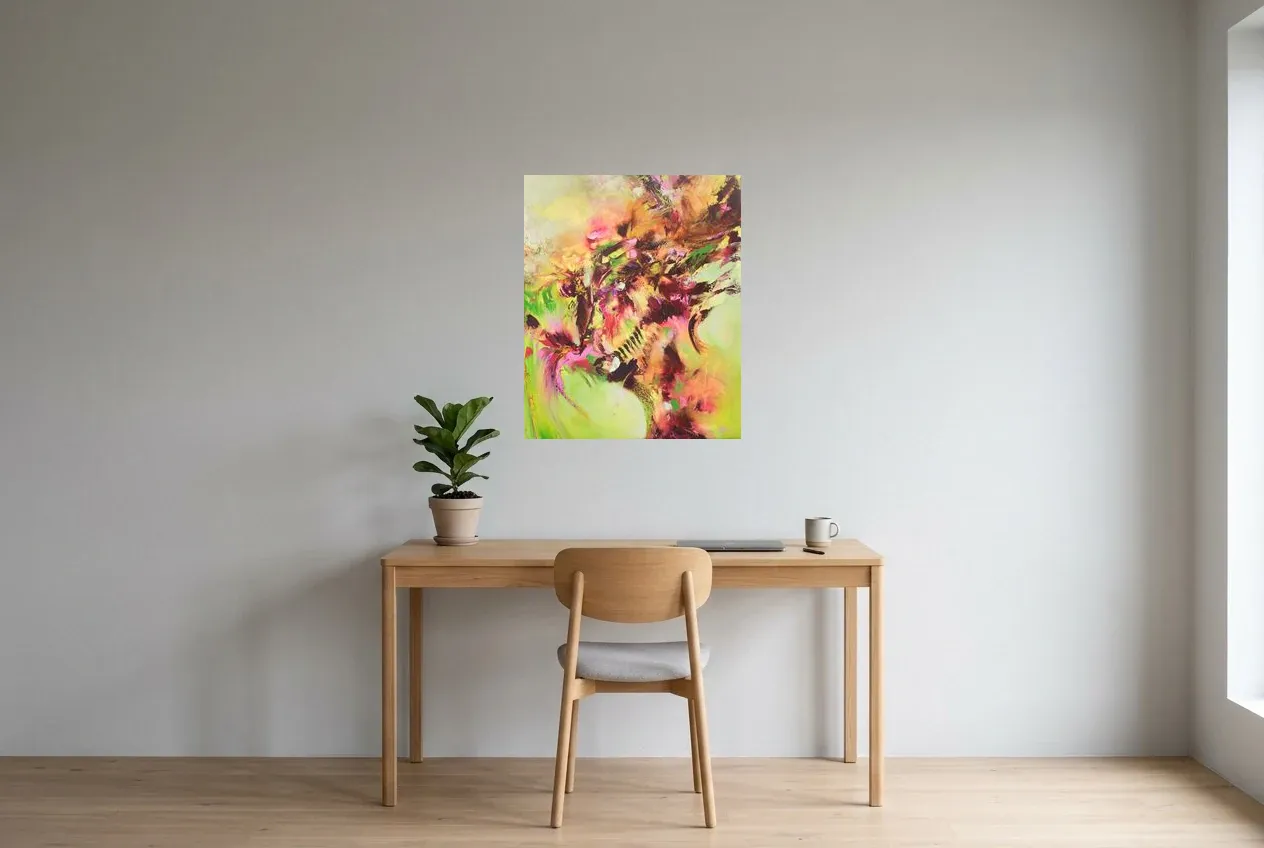 Tableau Abstrait Vert 90 “Arbre De Vie”, peinture originale à l'huile par Régine Gardan, 60 × 73 cm, tableau vert accroché dans un bureau