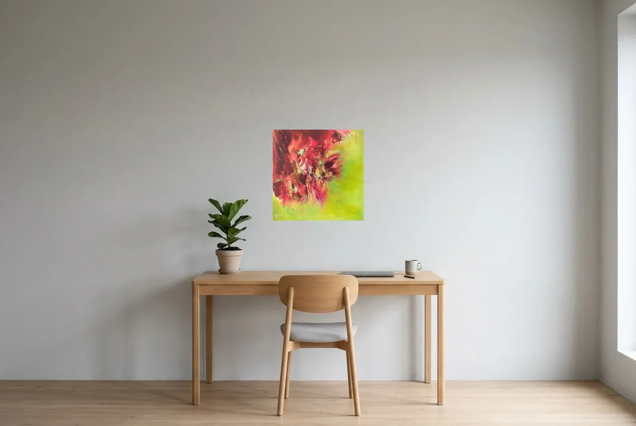 Tableau Abstrait Vert 97 “Espace-Temps”, peinture originale à l'huile par Régine Gardan, 50 × 50 cm, tableau rose accroché dans un bureau