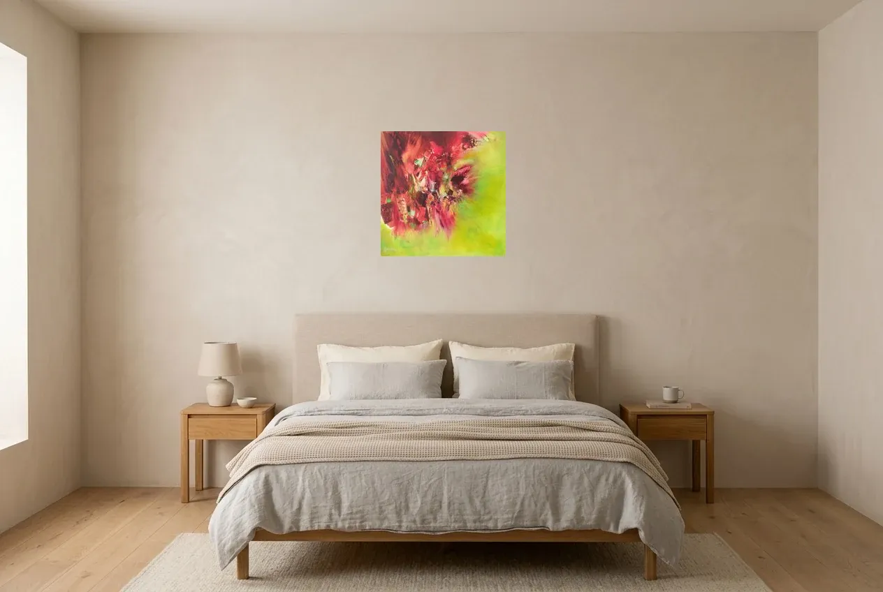 Tableau Abstrait Vert 97 “Espace-Temps”, peinture originale à l'huile par Régine Gardan, 50 × 50 cm, tableau rose accroché dans une chambre