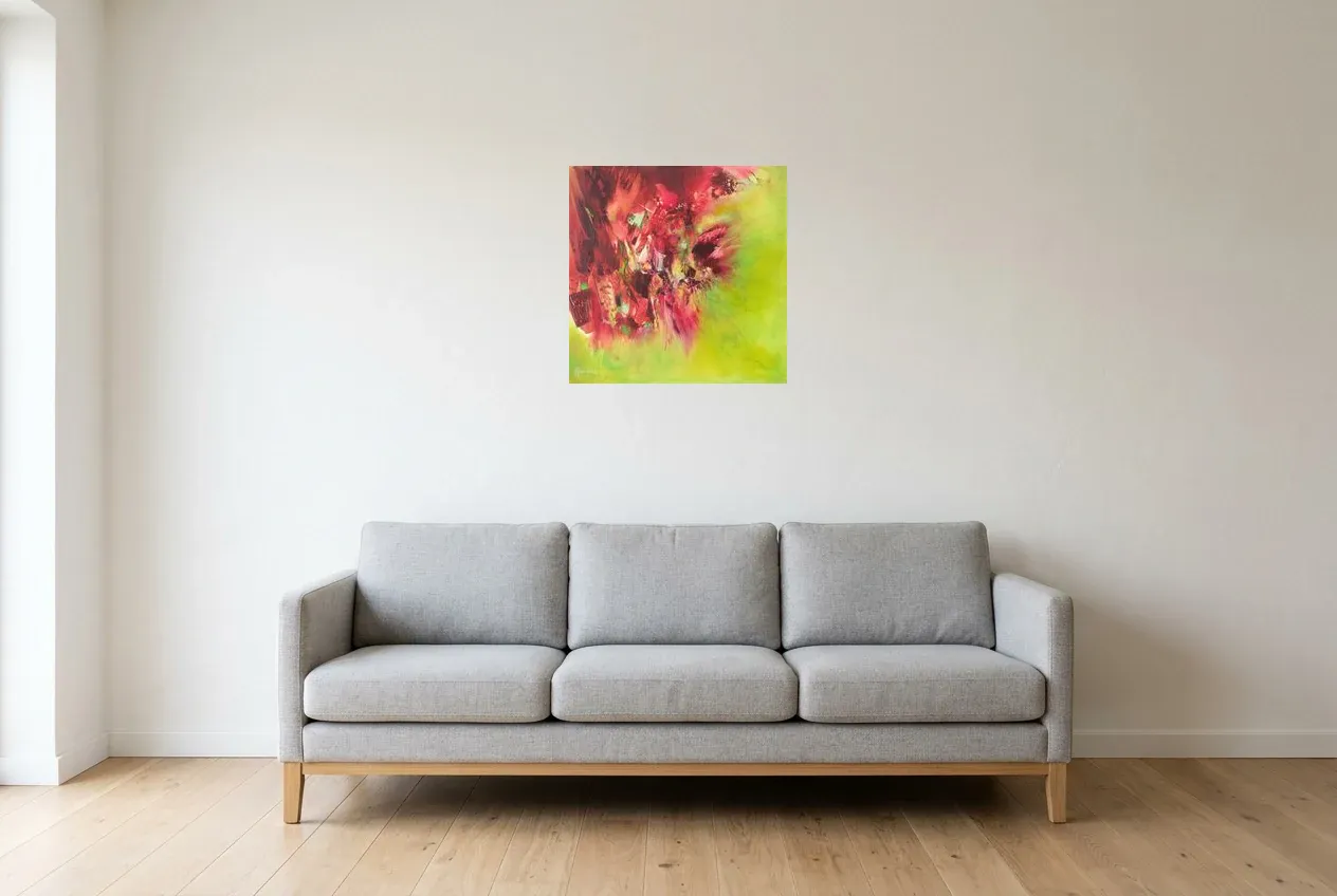 Tableau Abstrait Vert 97 “Espace-Temps”, peinture originale à l'huile par Régine Gardan, 50 × 50 cm, tableau rose accroché dans un salon